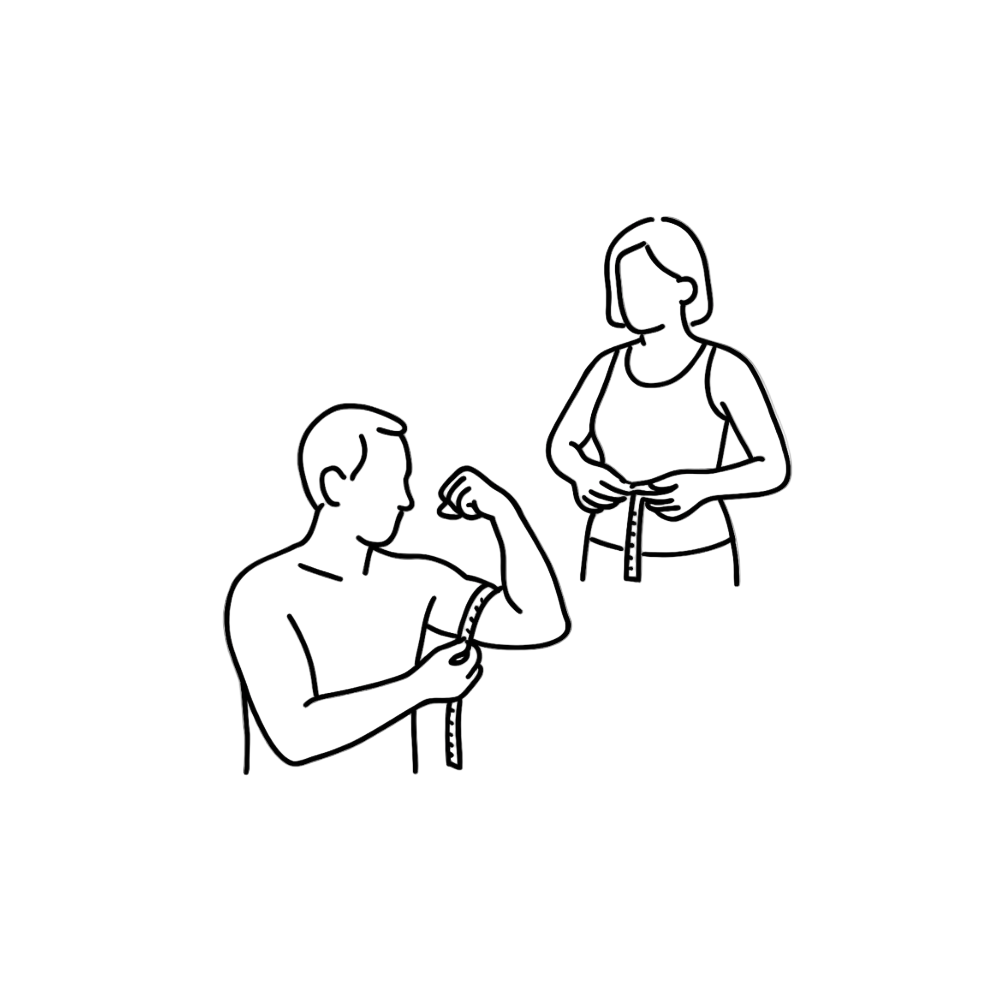 Line drawing of a person measuring another person's arm with a tape measure.